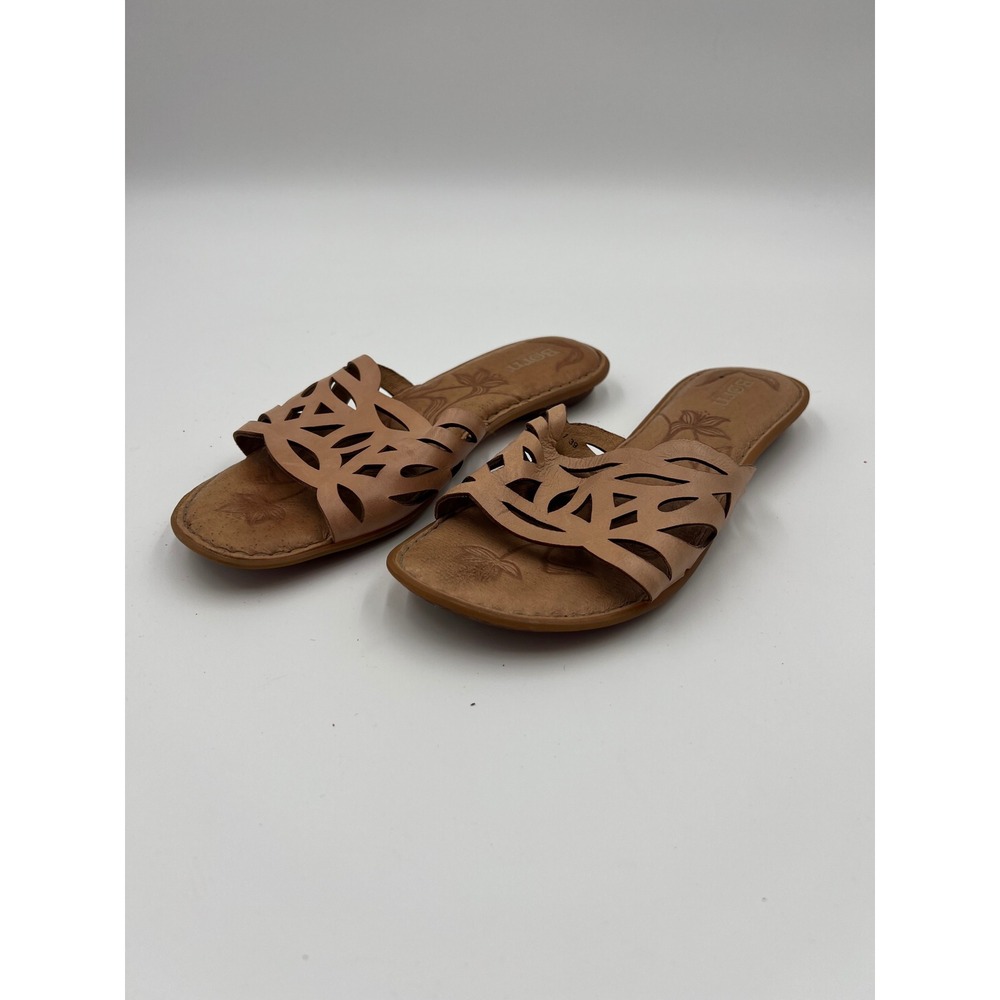 Born Tan Leather Laser Cut Slide Sandals Size 8 Womens Boho Flat Shoes